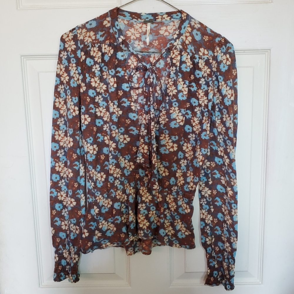 Free People Floral Wool Shirt With Tie Neck Small